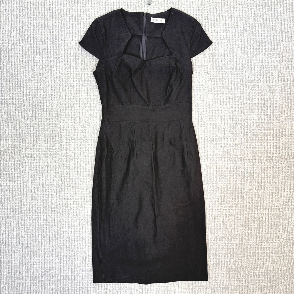 Grace Karin Sz M Black Dress Retro 50s Pinup‎ Cut Out Sheath Cocktail Party Goth